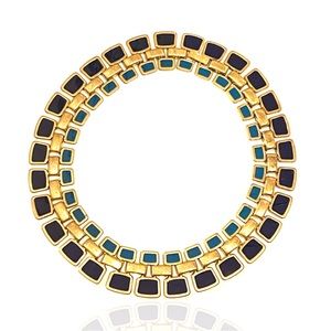 Color Blocked Enamel Bib Style Industrial Gold Tone Necklace Green Blue